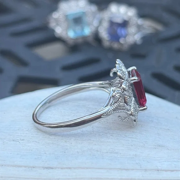 Emerald Cut 1.75 tcw Genuine Ruby & Diamond Ring Sterling Silver Size 7 - Picture 9 of 13